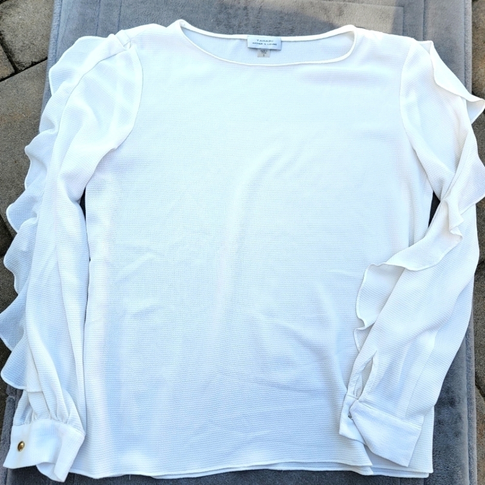 Tahari White Ruffle Long Sleeve Top S